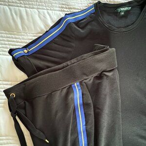 Ralph Lauren Active Set SS Top-L & Pants-XL, Black w blue & yellow racing stripe